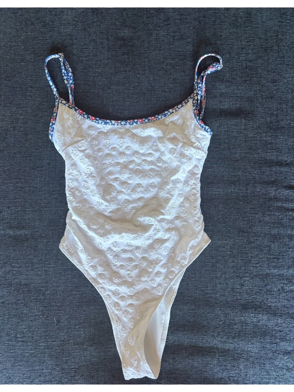 Frankie's Bikinis White Eyelet One-Piece with Blue Floral Trim